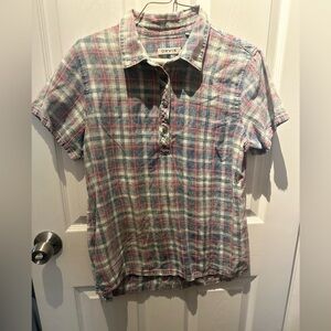 Orvis Flannel Shirt Womens S Blue Multi Plaid Acid Wash Short Sleeve Popover Top